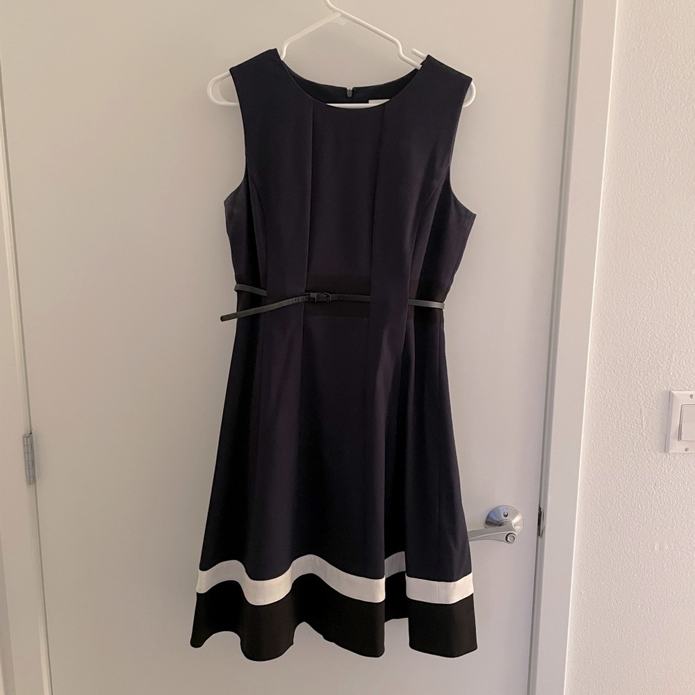 Calvin Klein Navy Black White Flare Belted Dress